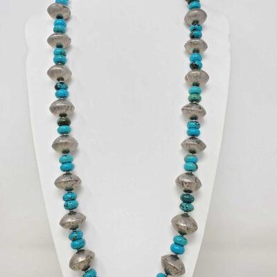 #905 â€¢ Native American Old Pawn Sterling Silver & Turquoise Beaded Necklace