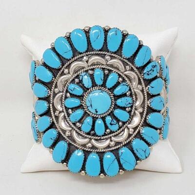 #911 â€¢ Native American Turquoise Cluster Sterling Silver Statement Cuff