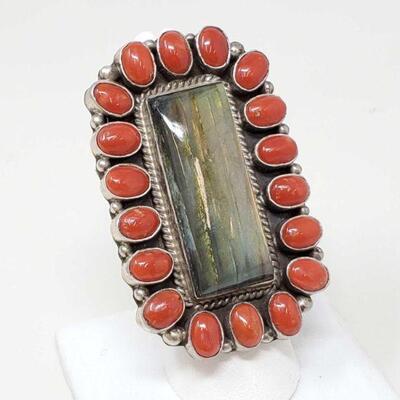 #906 â€¢ Native American G. James Labradorite with Coral Sterling Silver Statement Ring- 38.1g
