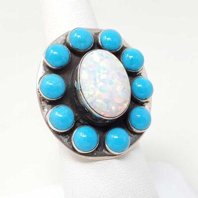 
#912 â€¢ Native American Opal and Turquoise Cluster Sterling Silver Ring