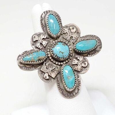 #910 â€¢ Native American Turquoise and Thunderbird Sterling Silver Ring
