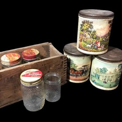 Vintage tobacco canisters and Kraft mustard jars and a little storage box measuring 6â€x 11â€....