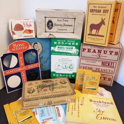 Includes Roll-O and Orphan Boy Smoking Tobacco, Maccoboy Snuff, Whitman's and Old Time Fanny Farmers Candy, St. Charles and Rockland...
