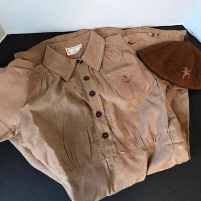 Vintage linen Girl Scouts Brownie Dress in Khaki color along with a brown wool beanie hat. Dress appears to date from the 1940s-1950s....