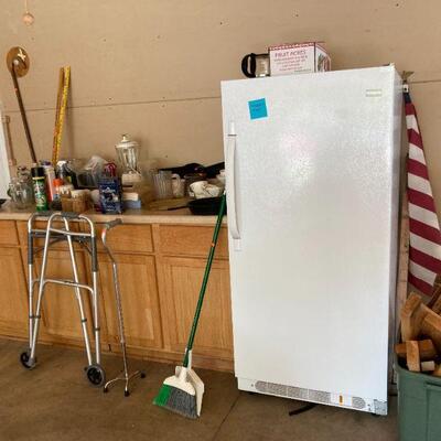 Upright freezer & dishes, etc.
