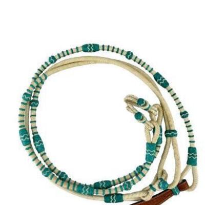 136	

Showman Â® Braided Natural Rawhide & Teal Romal Reins with Leather Popper.
These reins feature supple natural / teal rawhide...