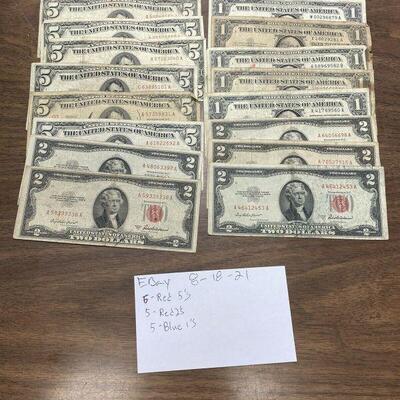 https://www.ebay.com/itm/124860000931	LRM4057 - 5 One's Blue - 5 Two's Red - 6 Fives Blue US Small Notes
