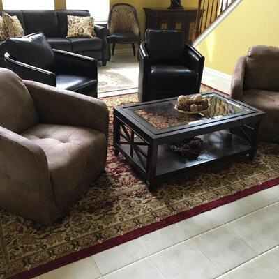 Dark Brown Leather Club Chairs (2), 29â€ W x 34â€ D ; Light Brown Leather Club Chairs (3): 34â€ W x 36â€ D