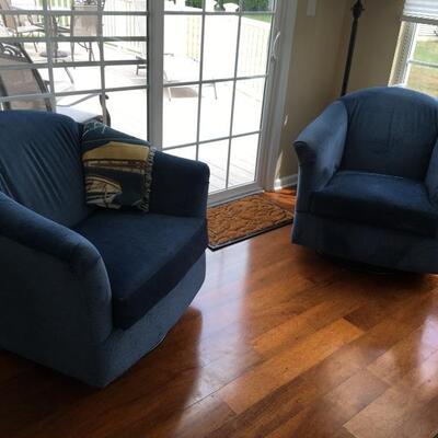 Coastal Blue Velvet Swiveling/Rocking Club Chairs, each is 35â€ wide x 36â€ deep
