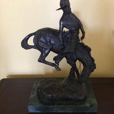 Signed Remington Bronze Sculpture on Stone Base, 14.5â€ high
