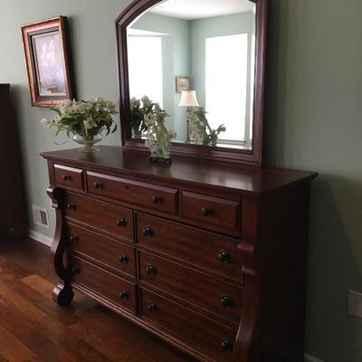 Kathy Ireland Mirrored Dresser, 66â€ W x 19â€ D x 42â€ H to dresser top, 80â€ H to top of mirror