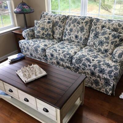 Blue & White Sofa, 80â€ L x 38â€ D x 21â€ H to seat, 38â€ H to back