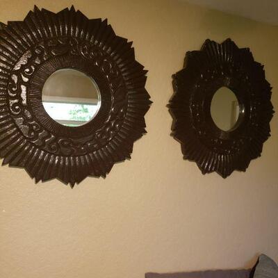 pair of black plastic, framed mirrors in excellent condition
