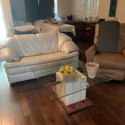 White leather love seat and Artemi marble, glass and brass coffee table