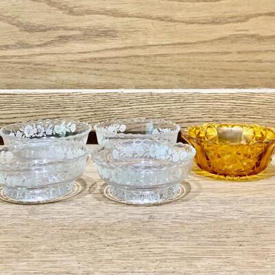 (5) Crystal Bowls, 1 Amber & 4 Footed Etched Clear