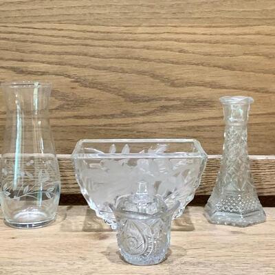 (4) Crystal, 2 Vases, Votive Holder, Square Bowl