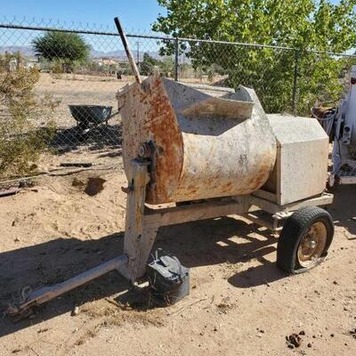 #102 â€¢ Gas Powered Cement Mixer Trailer. Overall Length Is Approx: 10' Ball Size Is Approx: 2 3/8" Unable To Locate VIN
