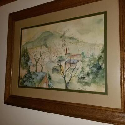Signed watercolor, village scene