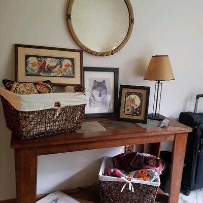 Library/sofa table with tile inlay, antique mirror, lamp, needlepoint picture