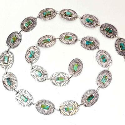 #632 â€¢ Vintage Navajo Sterling Silver Concho Belt With Green Turquoise And Adjustable Link. This Tremendous vintage Navajo Silver...