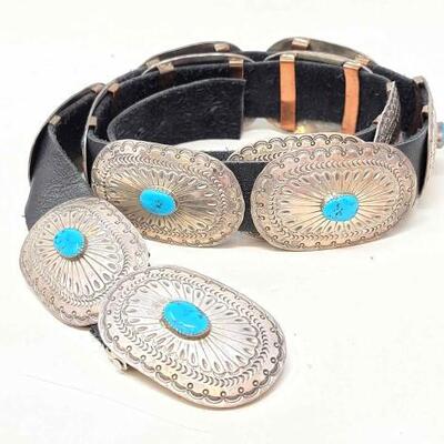 #630 â€¢ Vintage Native American Navajo Concho Belt With Turquoise Stones -401.7g: This Beautiful Vintage Native American Navajo Concho...