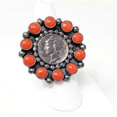 #646 â€¢ Crazy Best Navajo Coral Coin Sterling Silver Native American Ring: This is a unique Navajo silver ring. This 1932 Mercury dime...