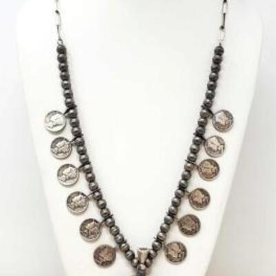 #654 â€¢ Navajo Mercury Dime Squash Necklace .925 Silver Sand Cast Native -88.5g. Weighs Approx 88.5g, Measures Approx 15".