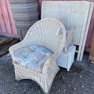 #80016 â€¢ Wicker Chair, Chest, Foot Rest and Head Boards. 