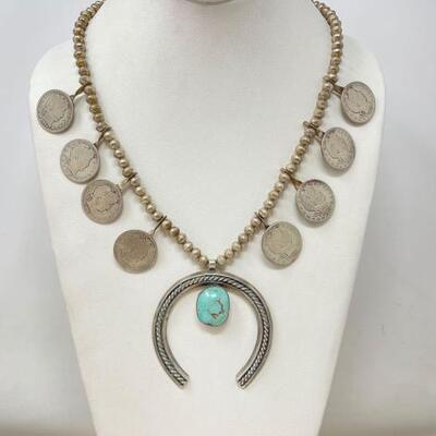 #932 â€¢ Native American Sterling Silver Large Cent And Turquoise Squash Blossom, 118g
Weighs Approx 118g Length Approx 21.5â€.