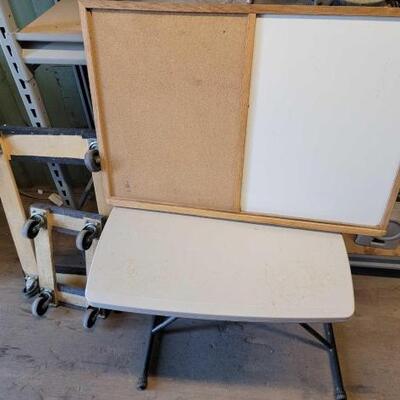 #3002 â€¢ White/Pin Board, Lifetime Portable Adjustable Table and (2) Furniture Dollys. .