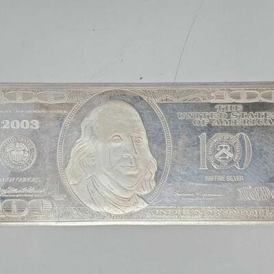 #1186 â€¢ 4oz .999 Fine Silver 2003 Series 100 Bill Bar. Approximately weighs 4 oz, Length Approximately 6 x 2.5 in.