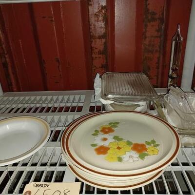 #6508 â€¢ Pyrex Glassware, Corelle Plates, Flower Garden Plates And Decorative Thermometer