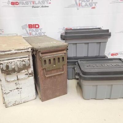 #2723 â€¢ (3) Husky Heavy Duty Totes and (2) Ammo Cases