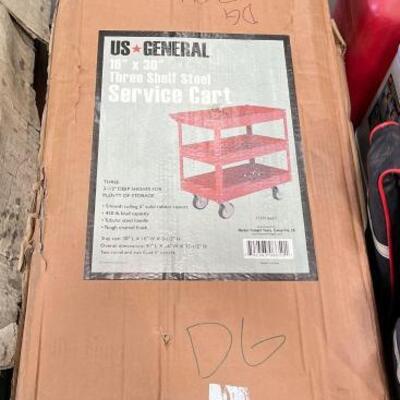 #6542 â€¢ Three Shelf Steel Service Cart, Swivel Stool And Plastic Storage Tool Tower

