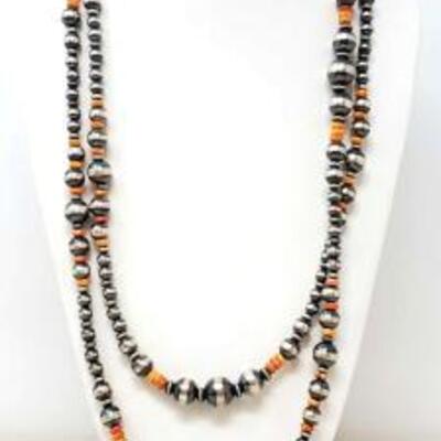 #656 â€¢ Oxidized Sterling Silver Bead Necklace With Spiny Oyster Shell -115.2g: Beautiful 60â€³ necklace of multi-shaped sterling silver...