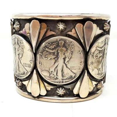 #634 â€¢ One Of The Biggest Ever Coin Native American Sterling Silver Bracelet: We are proud to offer this monumental San Felipe silver...