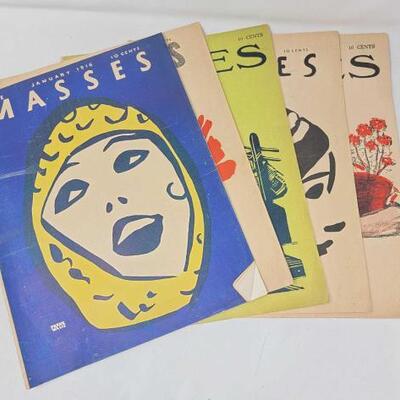 #2906 â€¢ (5) Vintage The Masses Magazine Issues from January 1916 - May 1916