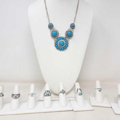 #966 â€¢ (8) Fashion Rings with Turquoise Stone and Fashion Necklace. Ring Sizes 5.5-7.5.0 