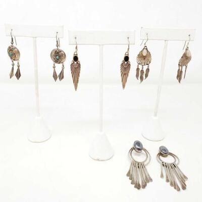 #902 â€¢ 4 Pairs Sterling Silver Earrings, 38.5g. Weighs Approx 38.5g. 