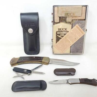 #2586 â€¢ (2) Pocket Knives, Multi-Tool, Buck Knife Case and Buck Knives Honing Kit. 