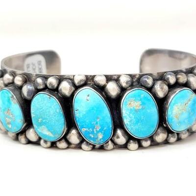 #640 â€¢ Native American Sterling Silver Turquoise Stone Engraved Cuff: By Bobby Johnson Blue Bird Beautiful Sterling Sliver Cuff With...
