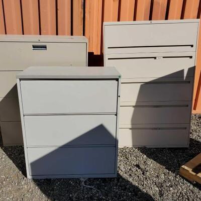 #30006 â€¢ 3 Metal Filing Cabinets: Ranging In Size From Approx: 36" x 20" x 43" - 42" x 19" x 60". 