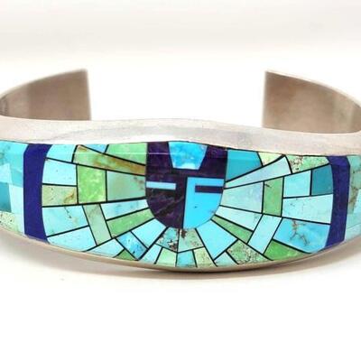 #638 â€¢ One Of The Most Detailed Vintage Native American Navajo Turquoise Inlay Sterling Silver Bracelet: This is a breathtaking Navajo...