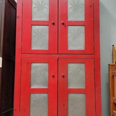 #2936 â€¢ Red Punched Tin Pie Safe: Red Punched Tin Pie Safe Measurements: Height: 78" Length: 49" Width: 17".