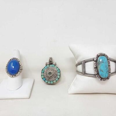 #984 â€¢ Sterling Silver Jewelry with Turquoise and Blue Stones 94.2g. 