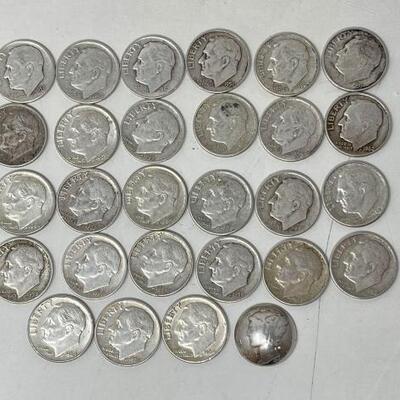 #1374 â€¢ 27 90% Silver Roosevelt Dimes And 1 Mercury Dime 09.7g