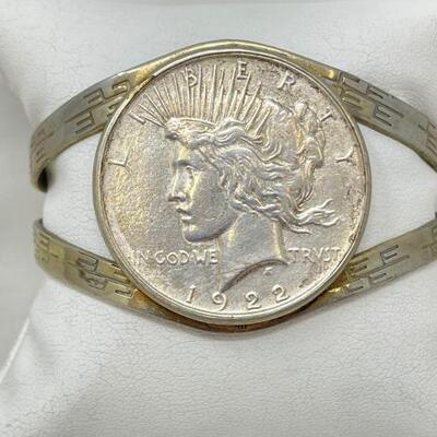 #948 â€¢ Metal Bangle With 1922 Peace Dollar 48.3g