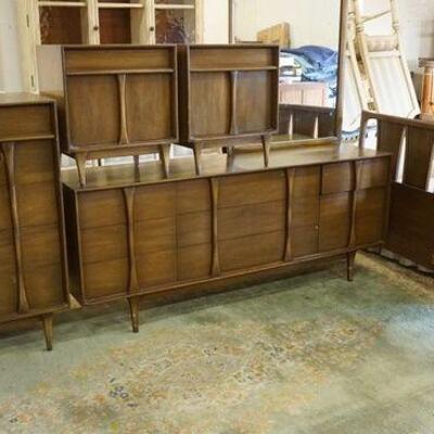 1233	RED LION 5 PIECE MID CENTURY MODERN BEDROOM SUITE, HIGH CHEST, LOW CHEST W/ MIRROR, 2 NIGHTSTANDS & A KING SIZE HEADBOARD, WEAR...
