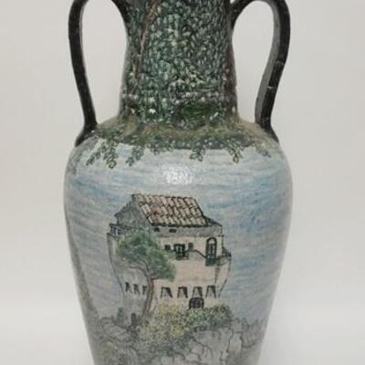 1112	LARGE POTTERY FLOOR VASE SIGNED RAINONDO. 91. TEXTURED SCENIC PAINTING, HAS A BASE CHIP, 26 3/4 IN HIGH
