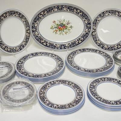 1242	73 PIECE WEDGWOOD FLORENTINE DINNERWARE SET, 12 SIX PIECE PLACE SETTINGS & A 15 3/8 IN PLATTER. DESSERT BOWLS & PLATTER HAVE...